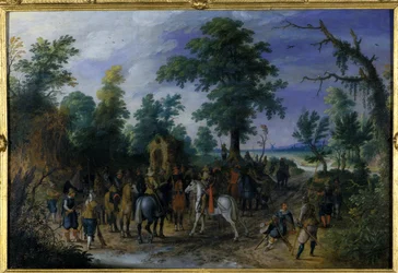 Cavalerie et infanterie devant une chapelle